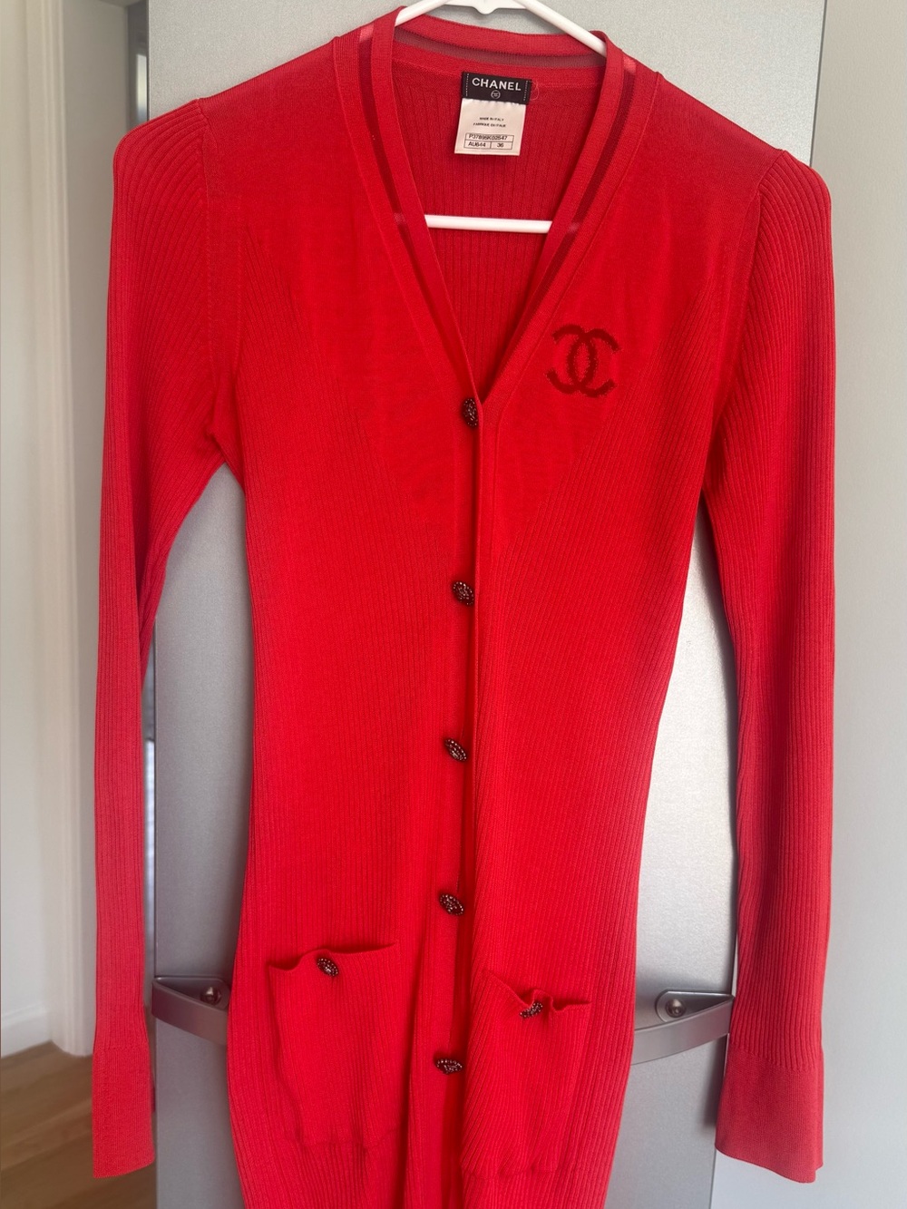 Chanel 2010 Red CC Logo Knit Cardigan Sweater Size 36